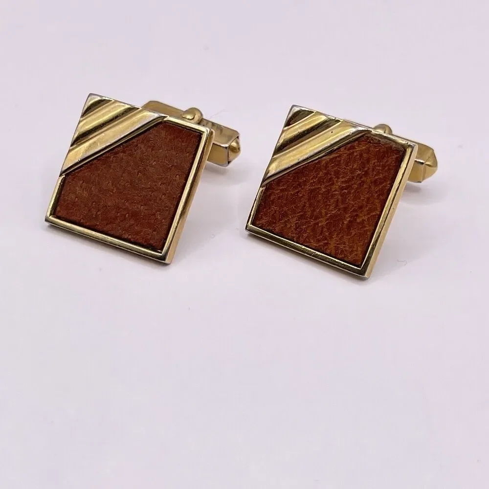Vintage Swank Gold Tone Leather Cufflinks MCM Classic Modern 1